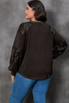 Black Plus Size Sequin Patchwork Crew Neck Long Sleeve Top-Plus Size-MomFashion