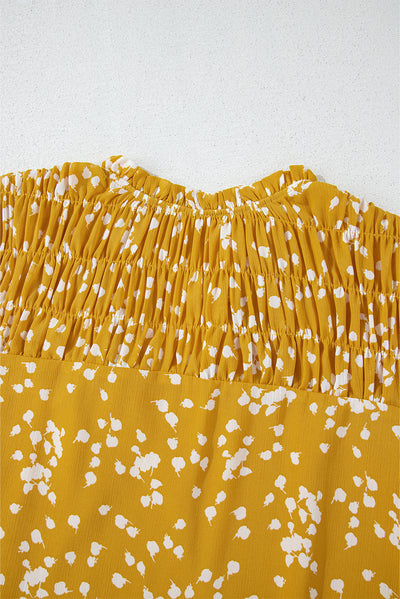 Yellow Plus Size Floral Print Ruched Split Neck Blouse-Plus Size-MomFashion