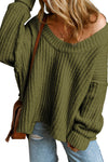 Pickle Green Ribbed Knit Round Neck Slouchy Chunky Sweater-Tops-MomFashion