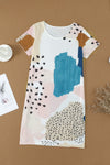 Light Blue Leopard Splicing Color Block Mini Dress-Dresses-MomFashion