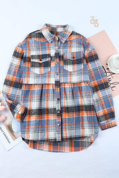 Multicolor Plaid Button Down Ruffled Shirt Jacket-Outerwear-MomFashion