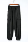 Black Satin Pocketed Drawstring Elastic Waist Pants-Bottoms-MomFashion