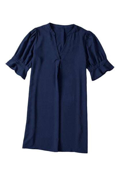 Blue Ruffled Sleeve Shift Dress-Dresses-MomFashion