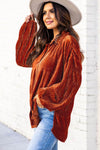 Brown Solid Color Textured Velvet Button Up Shirt-Tops-MomFashion