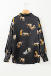 Black Cheetah Animal Print Button Up Satin Shirt-Tops-MomFashion