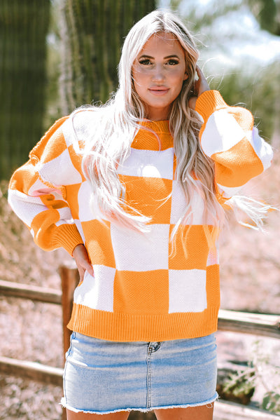 Orange Checkered Bishop Sleeve Sweater-Tops-MomFashion