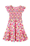 Multicolor Smocked Bodice Ruffle Trim Floral Dress-Dresses-MomFashion