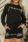 Black Sequin Merry Graphic Pullover and Shorts Outfit-Two Piece Sets/Short Sets-MomFashion