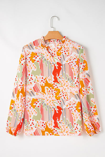 Orange Printed Split V Neck Puff Sleeve Blouse-Tops-MomFashion