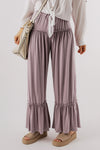 Khaki Frilled Drawstring High Waist Wide Leg Pants-Bottoms-MomFashion