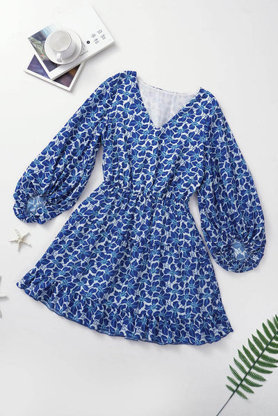 Blue Sky Blue/Blue/Apricot V Neck Lantern Sleeves Floral Tunic Dress-Dresses-MomFashion