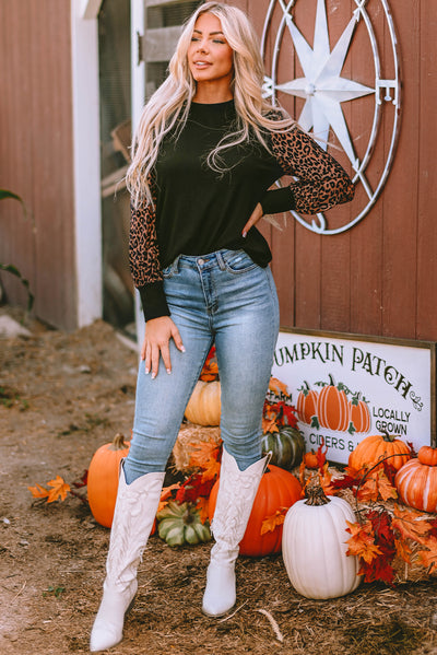 Black Leopard Print Long Sleeve Ribbed Knit Blouse-Tops-MomFashion