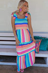 Multicolor Color Block Striped Bow Knot Straps Maxi Dress-Dresses-MomFashion