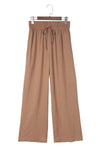 Brown Drawstring Elastic Waist Casual Wide Leg Pants-Bottoms-MomFashion