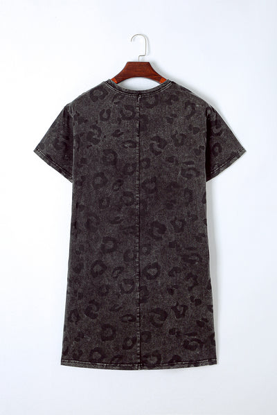 Gray Vintage Washed Leopard T-Shirt Dress with Pockets-Dresses-MomFashion