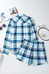 Blue Plaid Print Shirt and Shorts 2Pcs Lounge Set-Loungewear & Sleepwear/Loungewear-MomFashion