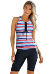 Stripe Floral Print Racerback Tankini Swimsuit-Swimwear-MomFashion