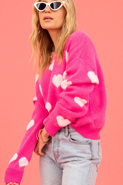 Bright Pink Fuzzy Valentine Hearts Drop Shoulder Sweater-Tops-MomFashion