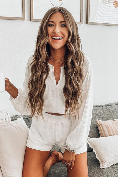 White Waffle Knit Buttoned Long Sleeve Crop and Shorts Lounge Set-Loungewear-MomFashion