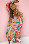 Multicolor Geometric Abstract Print Long Sleeve Shirt Dress-Dresses-MomFashion