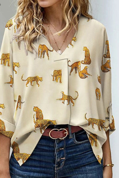 Apricot Printed Leopard Print Tab Sleeve Loose Fit V Neck Blouse-Tops-MomFashion