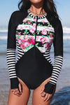 Floral Striped Patchwork Rashguard One-piece Swimsuit-Swimwear-MomFashion