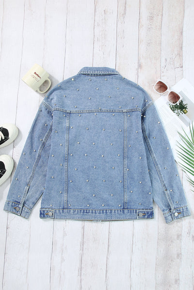 Mist Blue Rhinestones Studded Denim Jacket-Outerwear-MomFashion