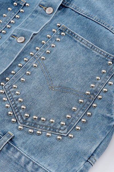 Sky Blue Rivet Studded Pocketed Denim Jacket-Outerwear-MomFashion