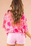 Rose Floral Print Ruffled Half Sleeve Plus Size Babydoll Blouse-Plus Size-MomFashion