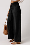 Black Drawstring Elastic Waist Casual Wide Leg Pants-Bottoms-MomFashion