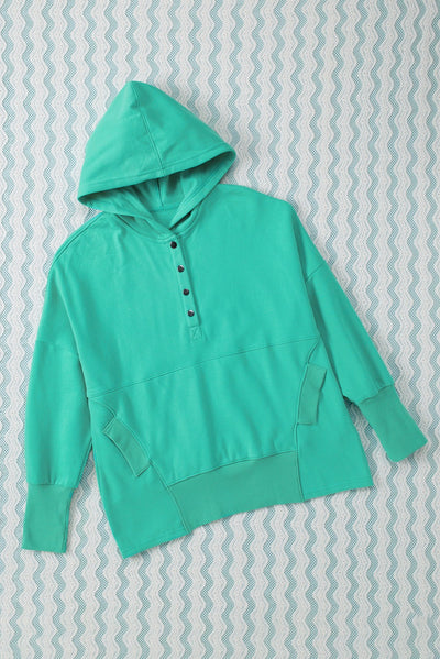 Turquoise Batwing Sleeve Pocketed Henley Hoodie-Tops-MomFashion