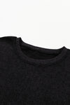 Black Solid Ribbed Knit Round Neck Pullover Sweatshirt-Tops-MomFashion