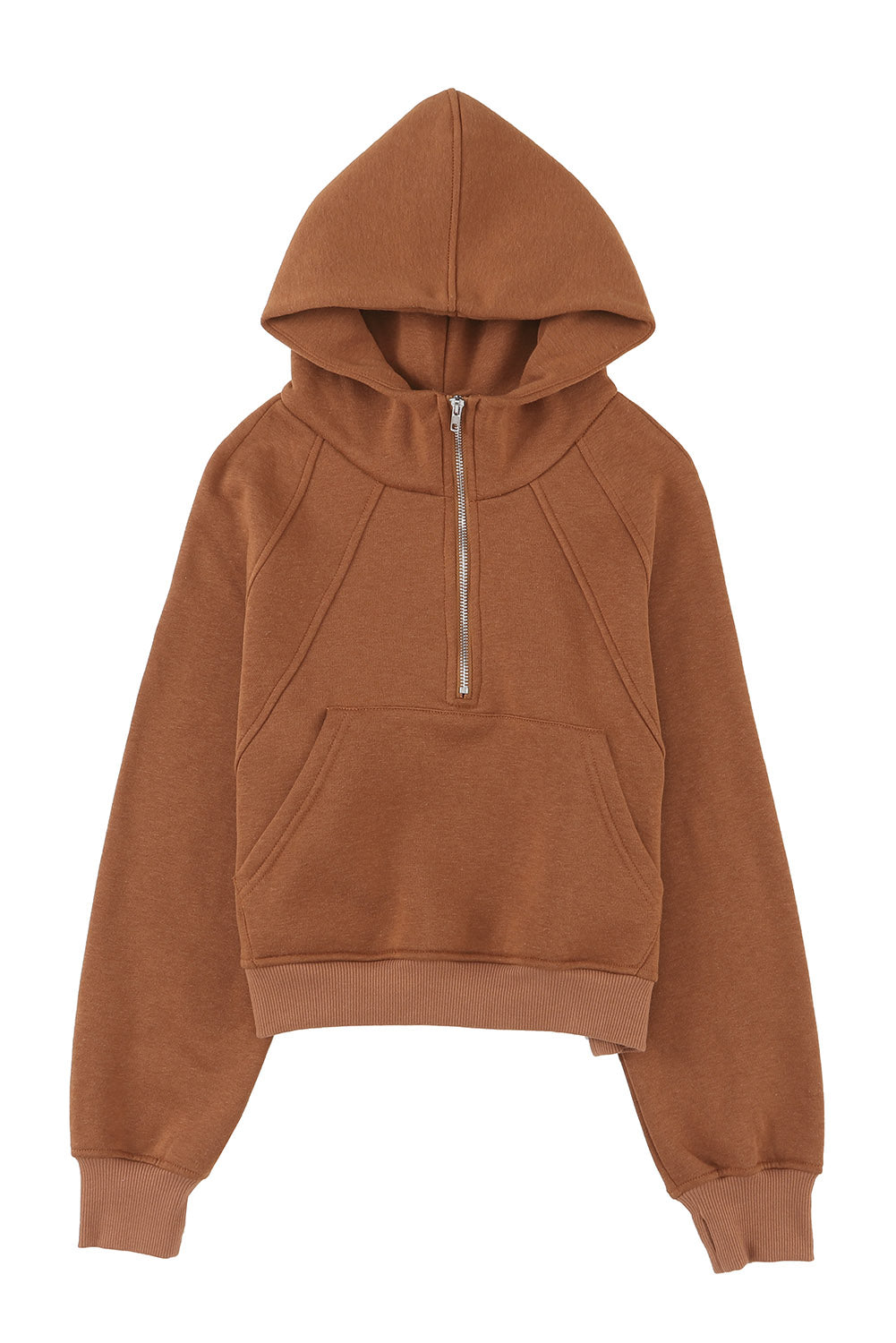 Brown Quarter Zip Kangaroo Pocket Hoodie-Tops-MomFashion