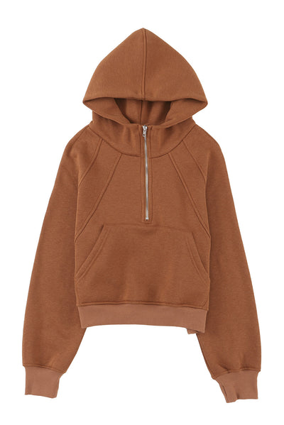 Brown Quarter Zip Kangaroo Pocket Hoodie-Tops-MomFashion