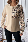 Pale Khaki Leopard Colorblock Waffle Knit Top-Tops-MomFashion