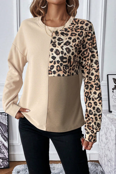 Pale Khaki Leopard Colorblock Waffle Knit Top-Tops-MomFashion