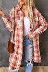 Fiery Red Plaid Print Button Long Shacket-Outerwear-MomFashion