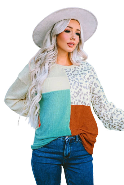 Leopard Patchwork Color Block Ribbed Long Sleeve Top-Tops-MomFashion