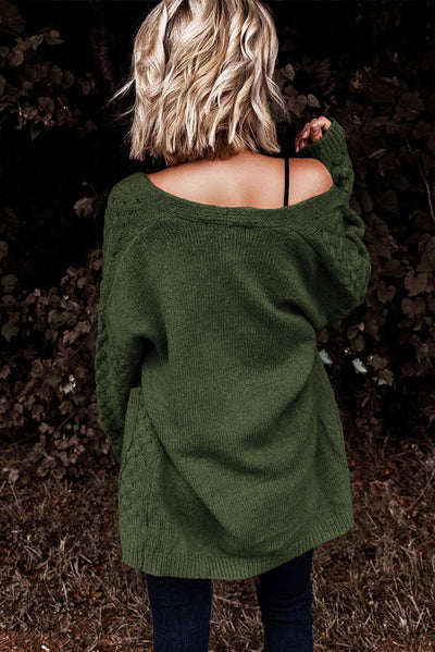 Green Open Front Woven Texture Knitted Cardigan with Pockets-Tops-MomFashion