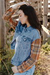 Sky Blue Medium Wash Plaid Sleeves Denim Jacket-Outerwear-MomFashion