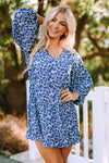 Blue Sky Blue/Blue/Apricot V Neck Lantern Sleeves Floral Tunic Dress-Dresses-MomFashion