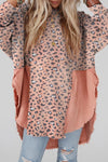 Pink Raw Edge Leopard Patchwork Oversized Blouse-Tops-MomFashion