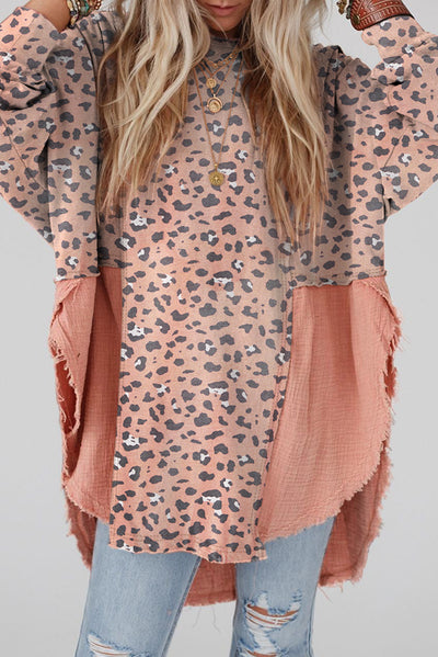 Pink Raw Edge Leopard Patchwork Oversized Blouse-Tops-MomFashion