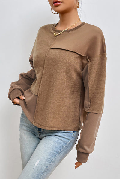 Coffee Solid Exposed Seam Pullover Sweatshirt-Tops-MomFashion