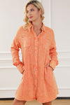 Orange Crinkled Dual Chest Pocket Oversized Shirt Dress-Dresses-MomFashion