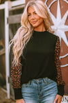 Black Leopard Print Long Sleeve Ribbed Knit Blouse-Tops-MomFashion