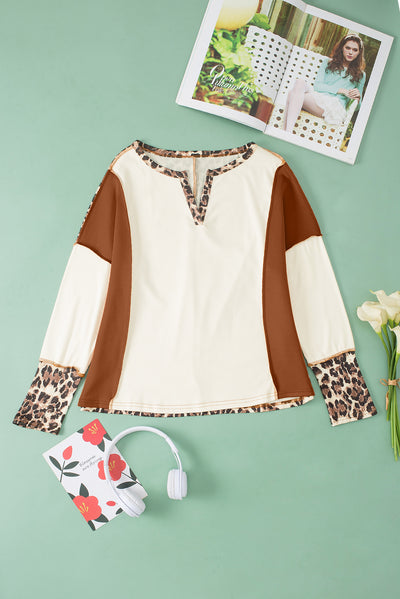 White Leopard Color Block Patchwork Split Neck Long Sleeve Top-Tops-MomFashion