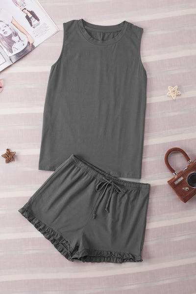 Dark Gray Crew Neck Tank and Drawstring Ruffled Shorts Lounge Set-Loungewear-MomFashion