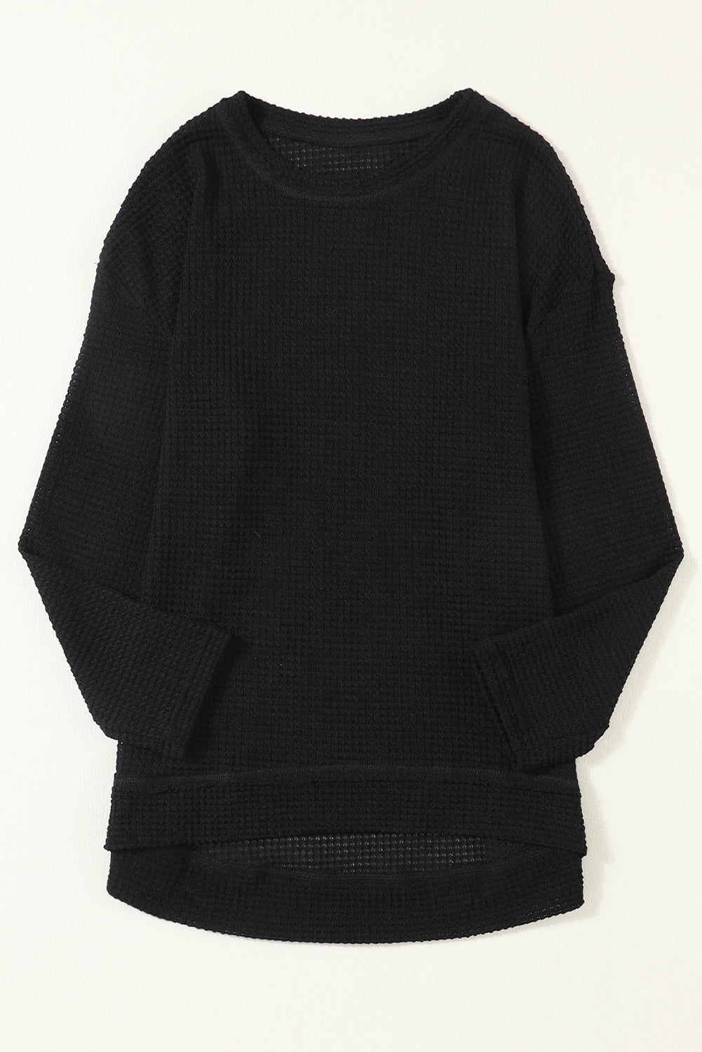 Black Waffle Knit High Slits Oversized Top-Tops-MomFashion