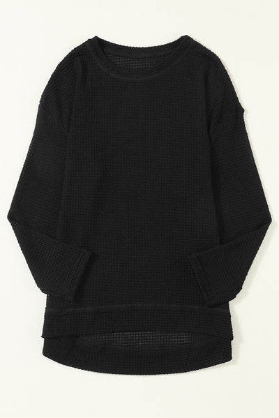 Black Waffle Knit High Slits Oversized Top-Tops-MomFashion